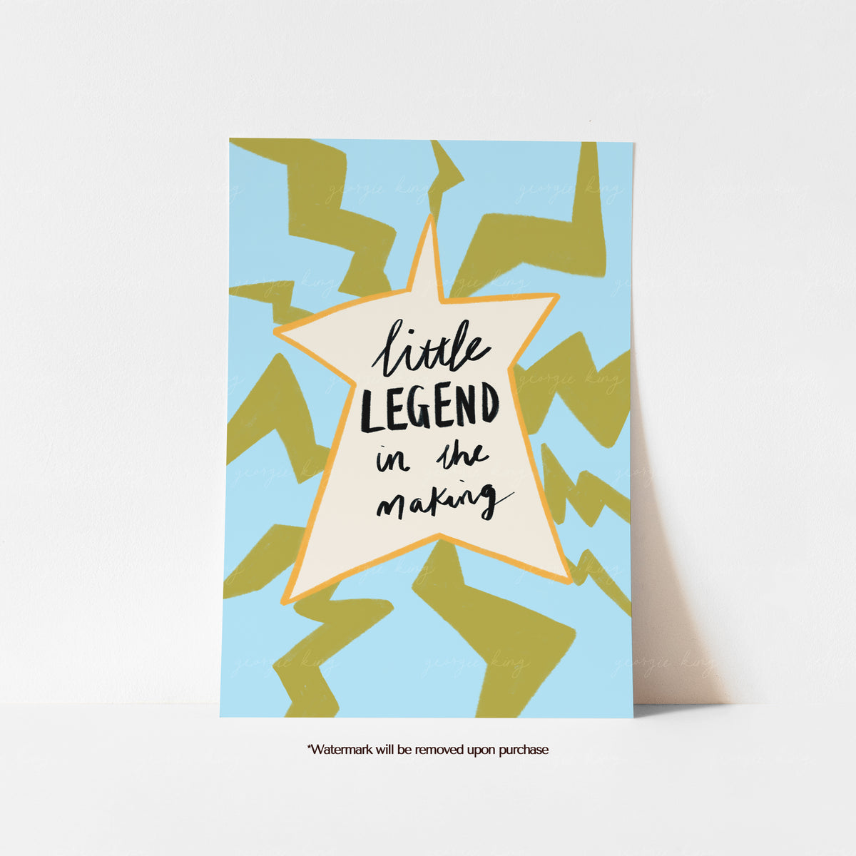 Little Legend in the Making boys bedroom wall art print with a powder blue background, olive green zigzags and cream star with orange outline.