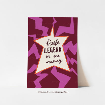 Little Legend in the Making colourful nursery and kids bedroom print with a berry red background, purple-pink zigzags and orange outlined cream star.