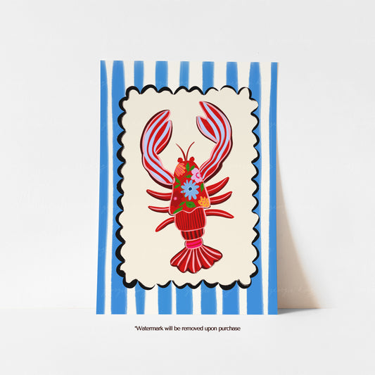 Colourful lobster kids art print with a red lobster, floral details and blue striped background

