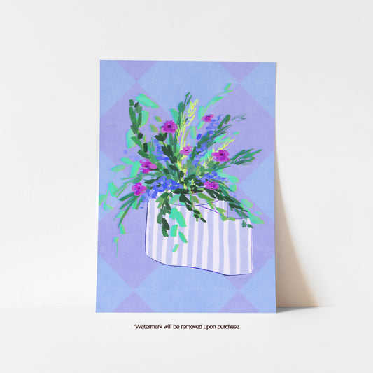 Playful toilet roll bathroom print decorated with colourful wildflowers on a blue and lilac checked background