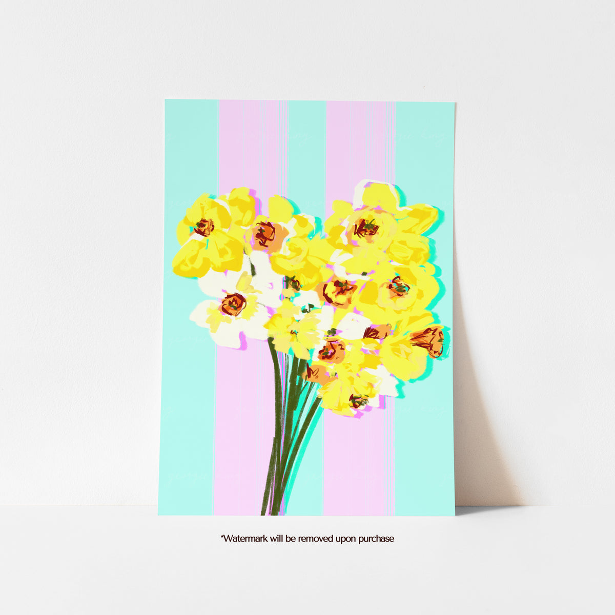 March birth flower print with a bouquet of yellow daffodils against mint green and pink stripes