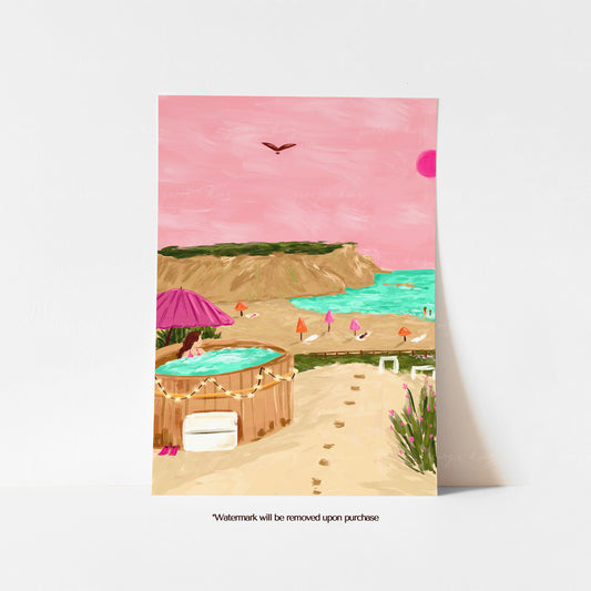 Mawgan Porth Beach Cornwall print with golden sand, turquoise sea, colourful beach umbrellas and a pink sky
