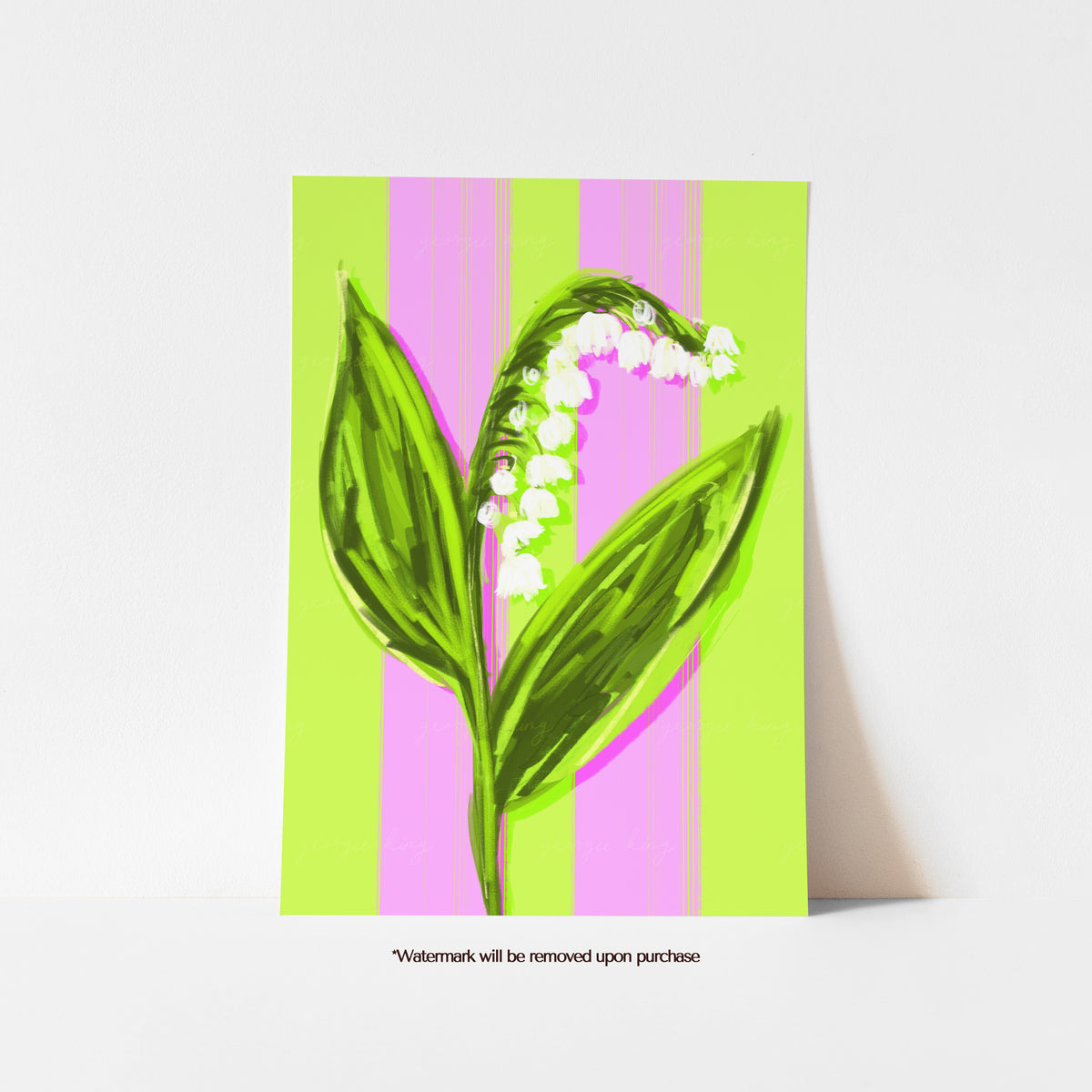 May birth flower print featuring white lily of the valley flowers against lime green and pink stripes