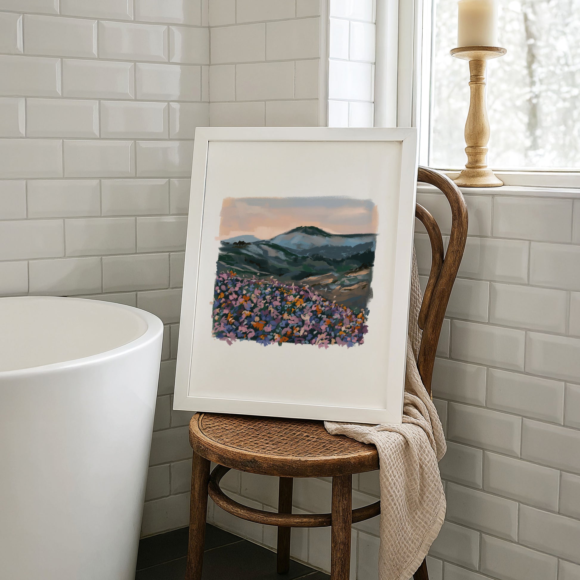 Floral artwork for calming home bathroom interiors