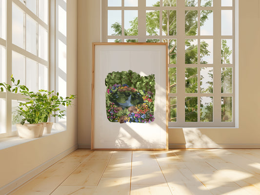 Botanical print of a flower-filled pond landscape