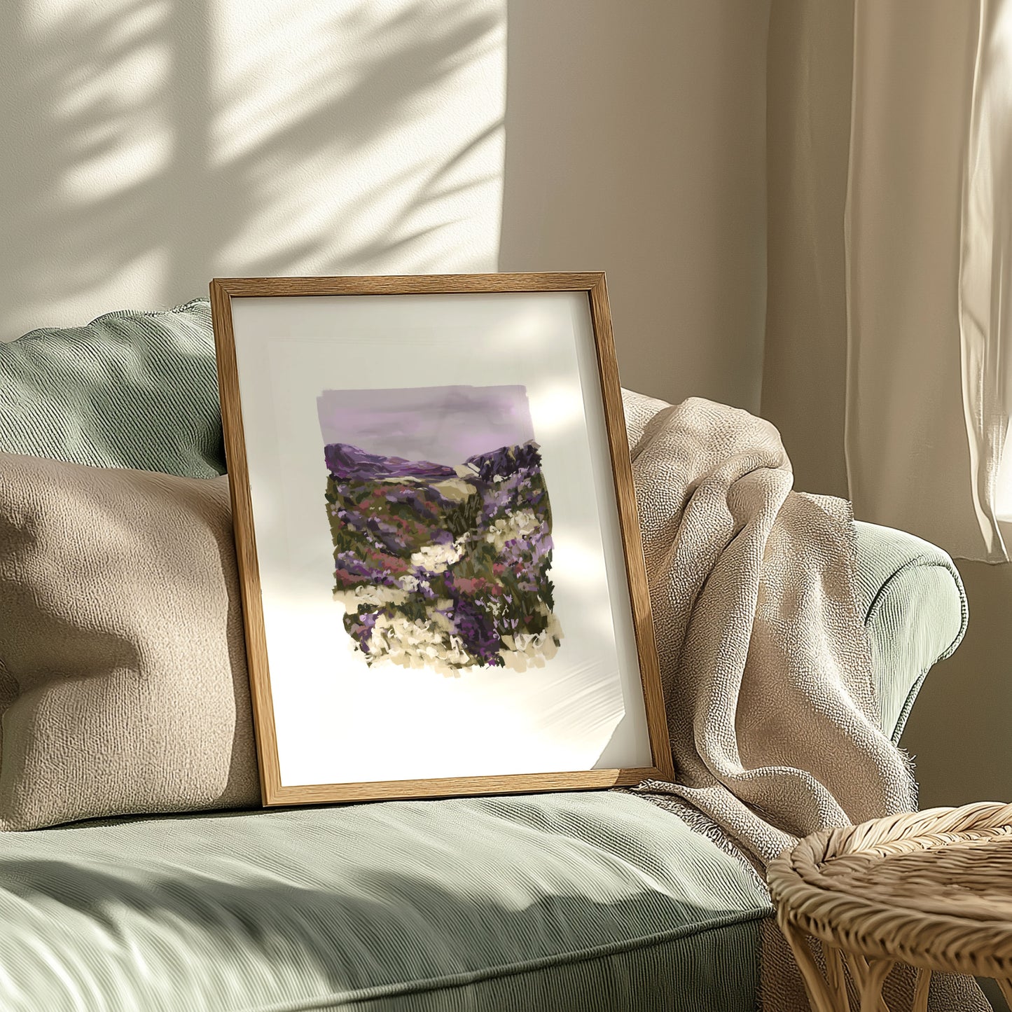 Peaceful purple floral landscape print in a cosy living room 