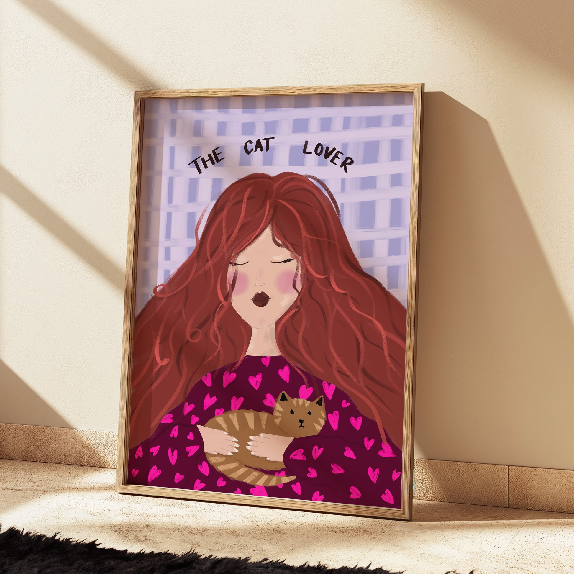Personalized cat lover artwork with skin tone and hair options.