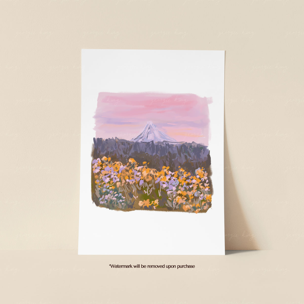 Mountain wildflower print featuring dark blue hills, colourful meadow flowers and a soft pink sunset sky
