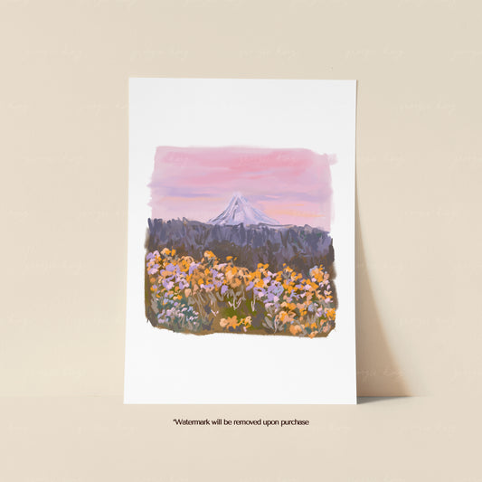 Mountain wildflower print featuring dark blue hills, colourful meadow flowers and a soft pink sunset sky
