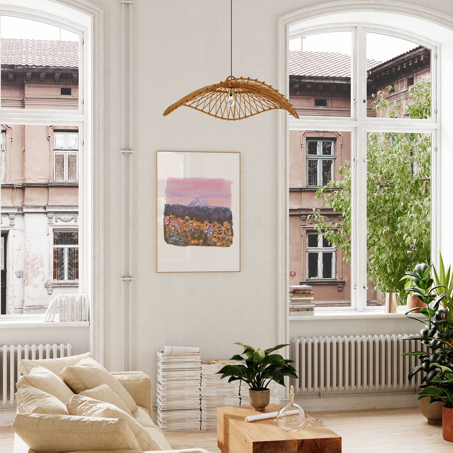 Vibrant floral landscape wall art captured in a minimalist living room