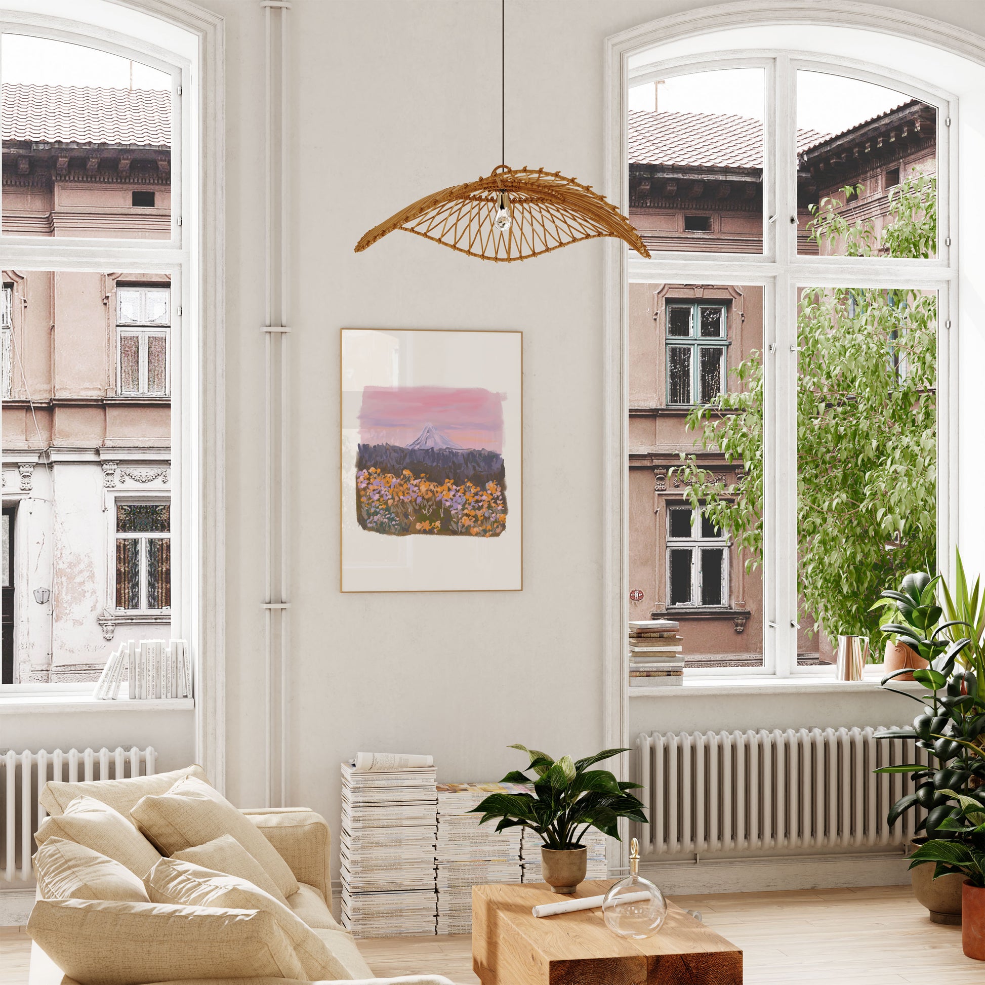 Vibrant floral landscape wall art captured in a minimalist living room