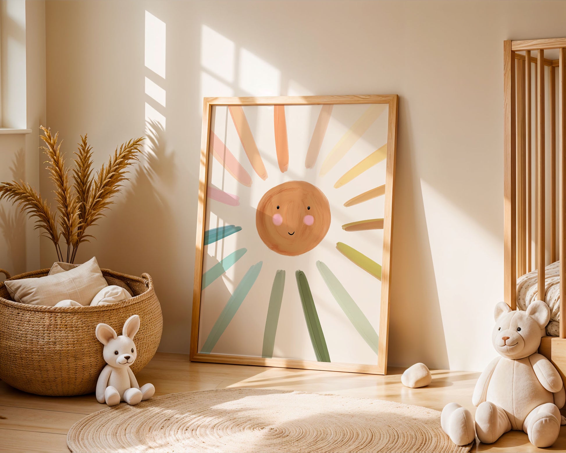 Children's room with a colourful sun print, teddy bear, and rabbit toy.