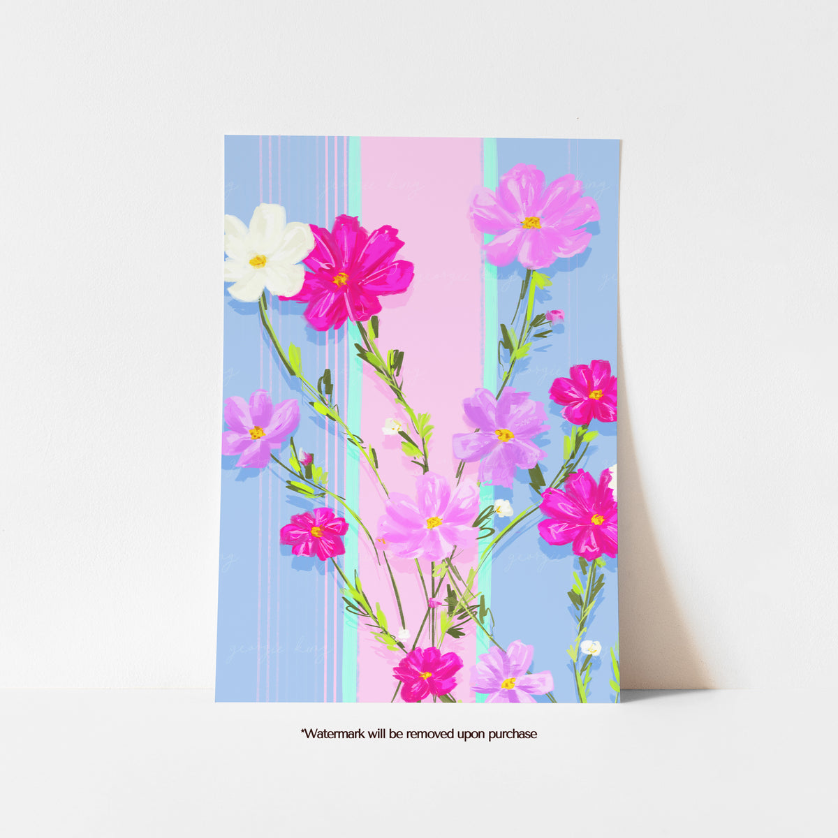 October birth flower print with pink and white cosmos flowers against a pale blue striped background