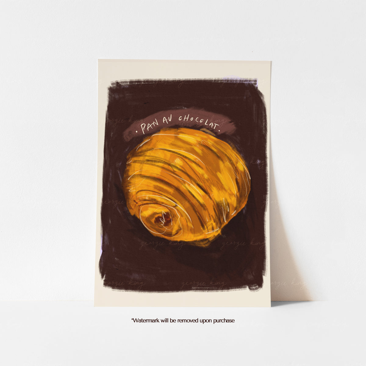 Pain au chocolat art print featuring a golden painted pastry on a deep chocolate brown background with cream hand-drawn lettering.