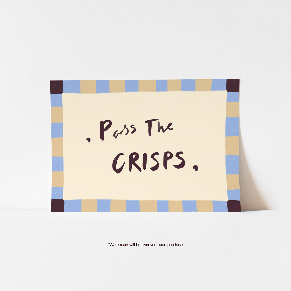 Pass the Crisps text art print with dark brown lettering on a cream background and blue and beige painted border.