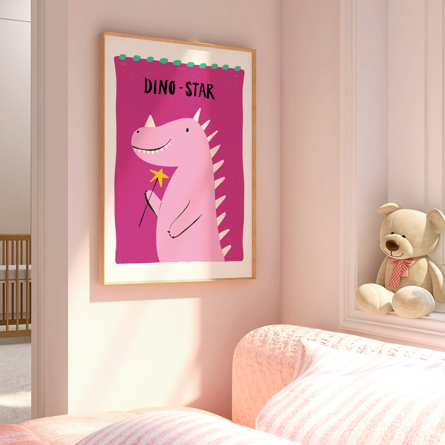 Framed dinosaur poster with 'DINO-STAR' text in a child's room with a teddy bear.