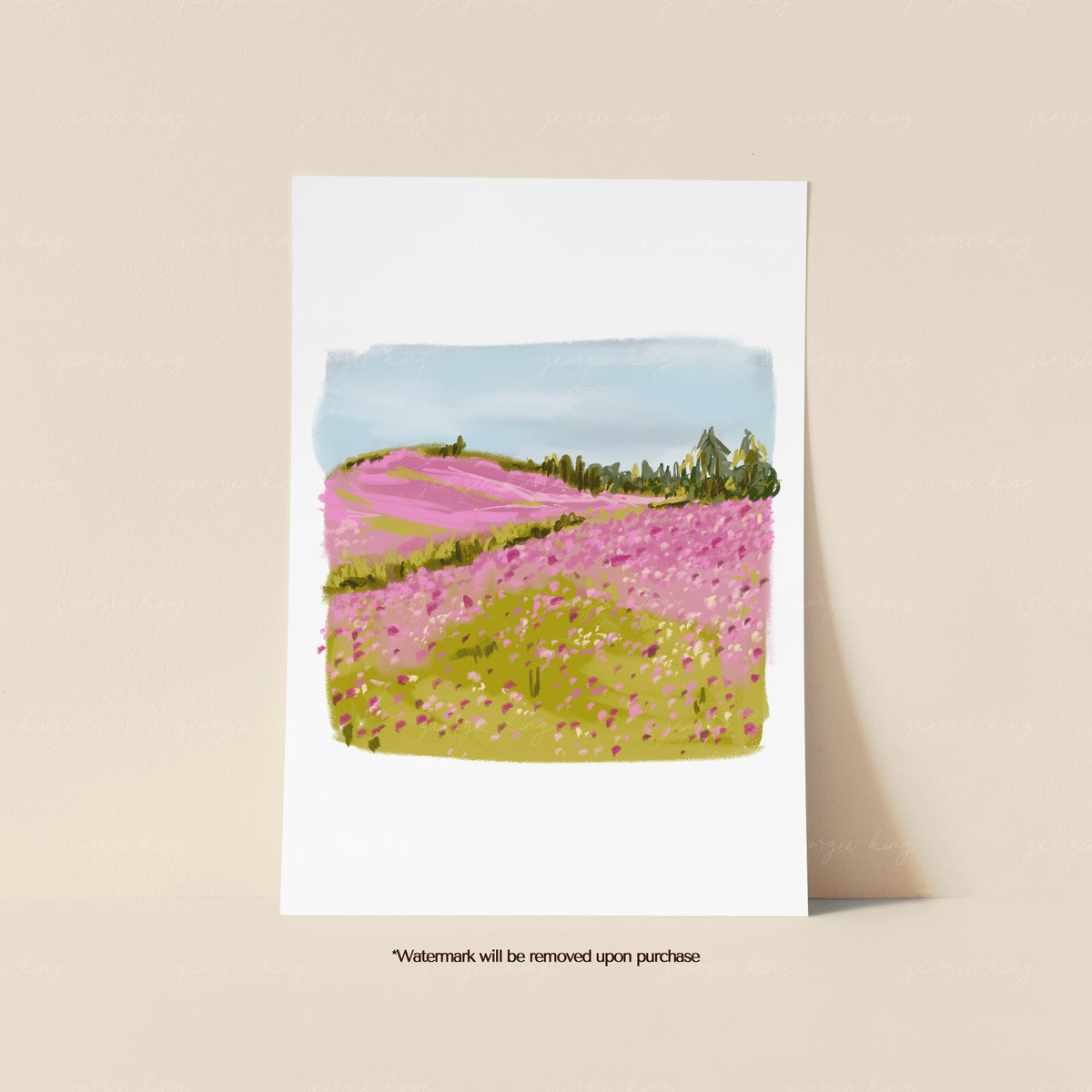 Pink meadow landscape print featuring rolling fields of pink and green wildflowers beneath a pale blue sky
