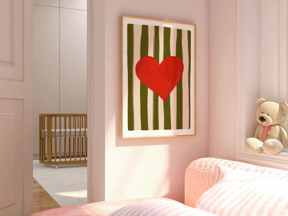 Children's room with a red heart artwork on a striped background, a teddy bear, and a crib.