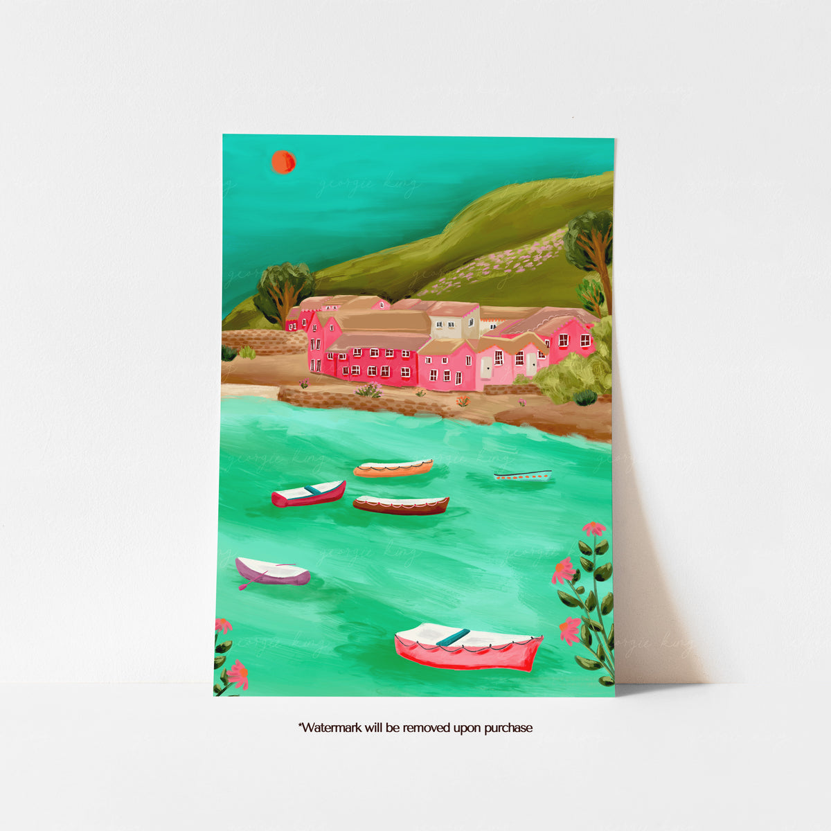 Colourful Polperro Harbour Cornwall print with fishing boats, turquoise water and cottages beneath green hills
