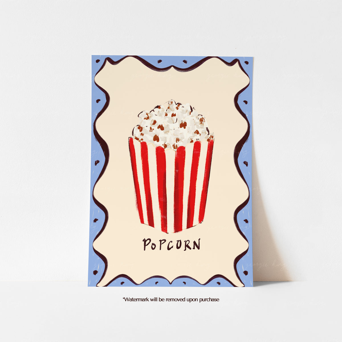 Popcorn art print with a red and cream striped popcorn box on a cream background with a soft blue scalloped border.