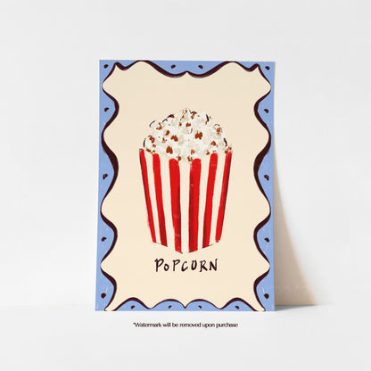 Popcorn art print with a red and cream striped popcorn box on a cream background with a soft blue scalloped border.