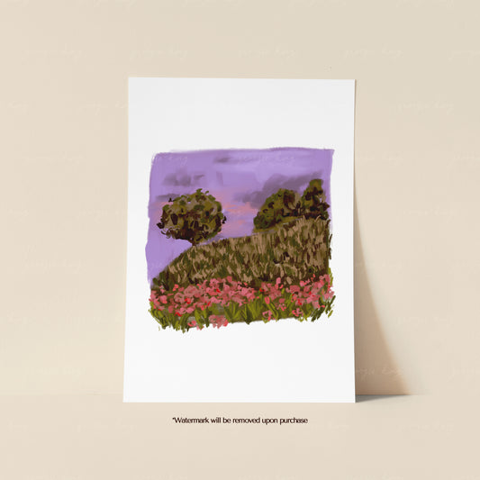 Poppy field print featuring a colourful meadow of pink and red flowers, dark green trees and a soft purple sky
