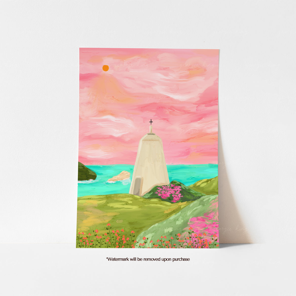 Portreath Cornwall print with the harbour lighthouse, turquoise sea, pink sky and colourful coastal wildflowers
