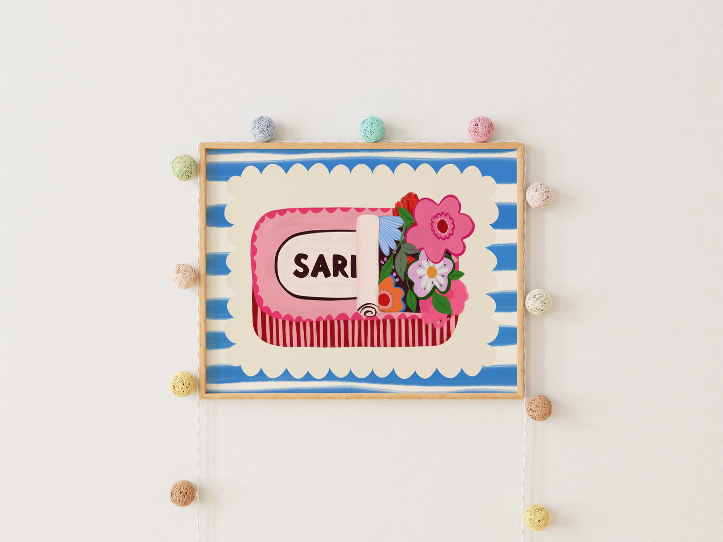Decorative frame with colourful sardine tin design on a white background