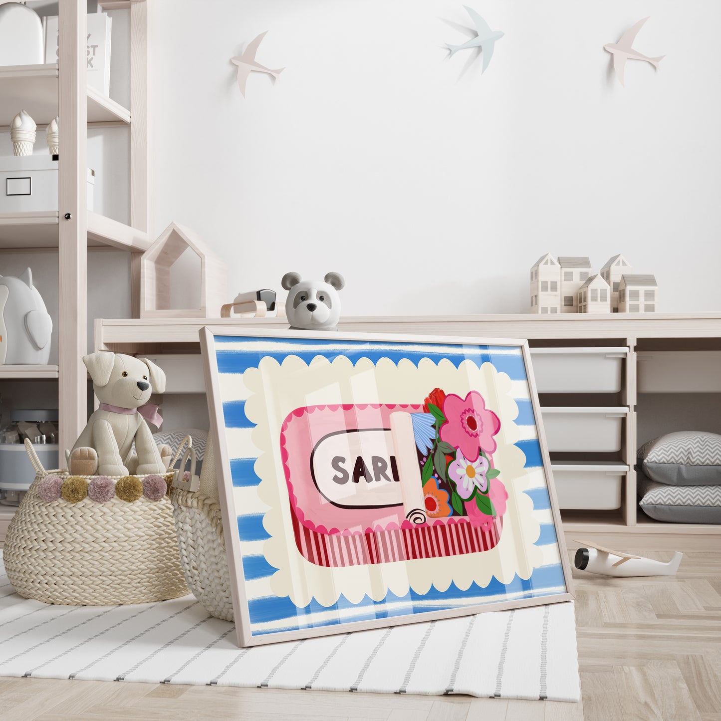 Children's room with a colourful picture of a sardine tin, surrounded by toys and furniture.