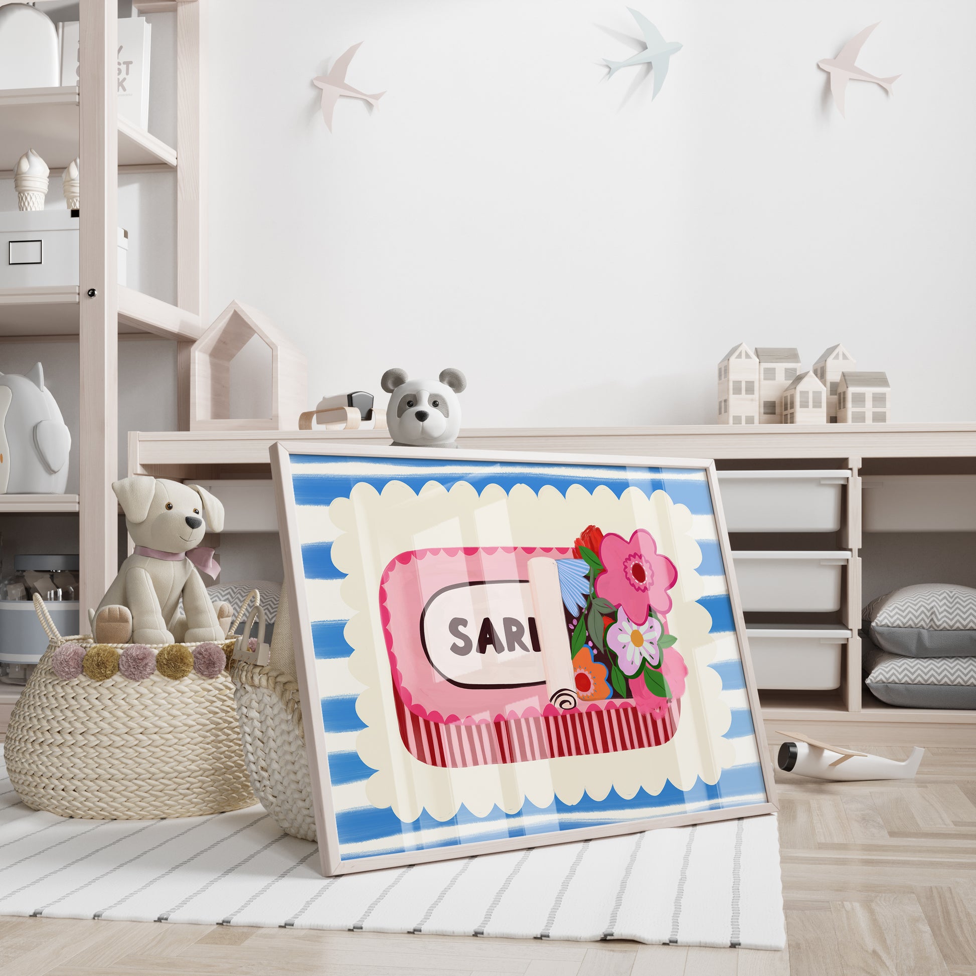 Children's room with a colourful picture of a sardine tin, surrounded by toys and furniture.