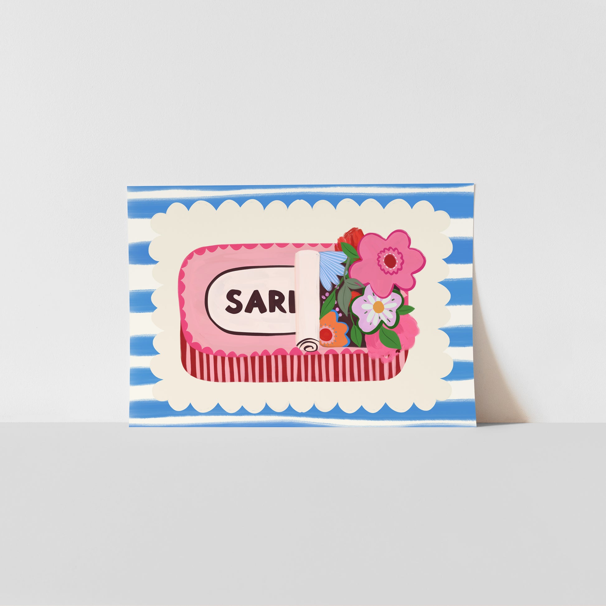 Art print with a striped border and floral sardine tin design on a grey background