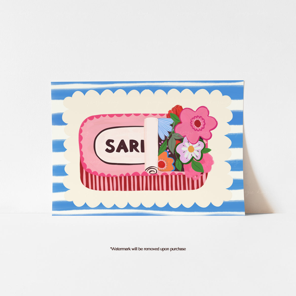 Colourful floral sardine tin print with a pink tin, bright flowers and blue striped background
