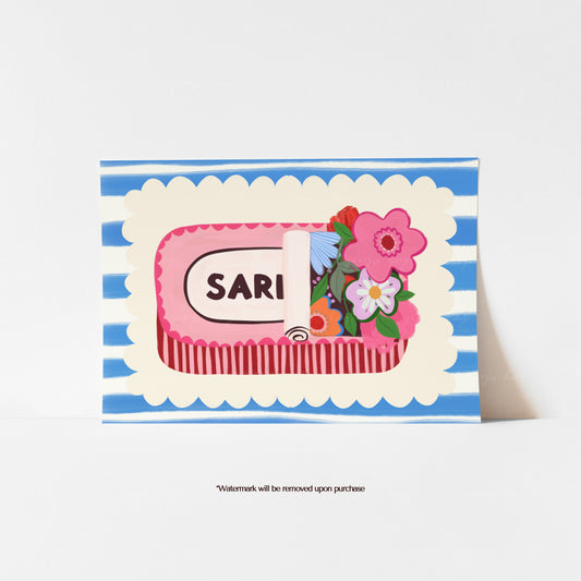 Colourful floral sardine tin print with a pink tin, bright flowers and blue striped background
