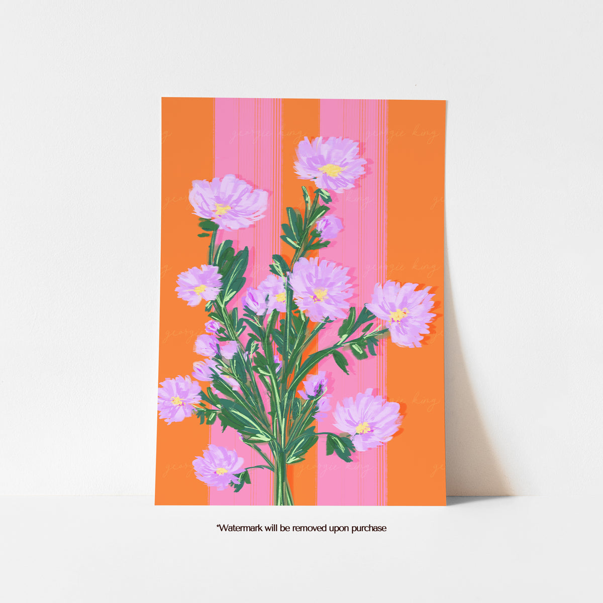 September birth flower print featuring pink asters against bright orange and coral stripes