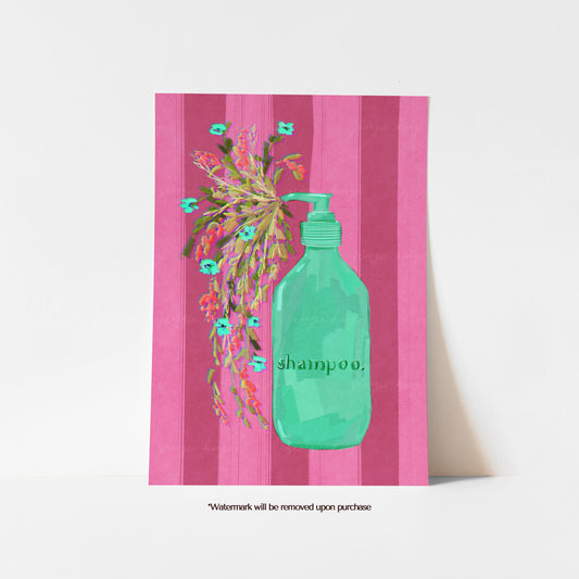 Colourful bathroom print featuring a green shampoo bottle with painted flowers against bold pink stripes