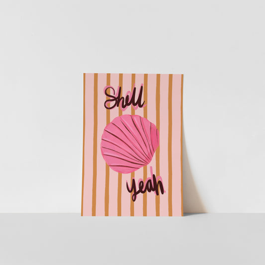 Art print with pink shell and text on striped background