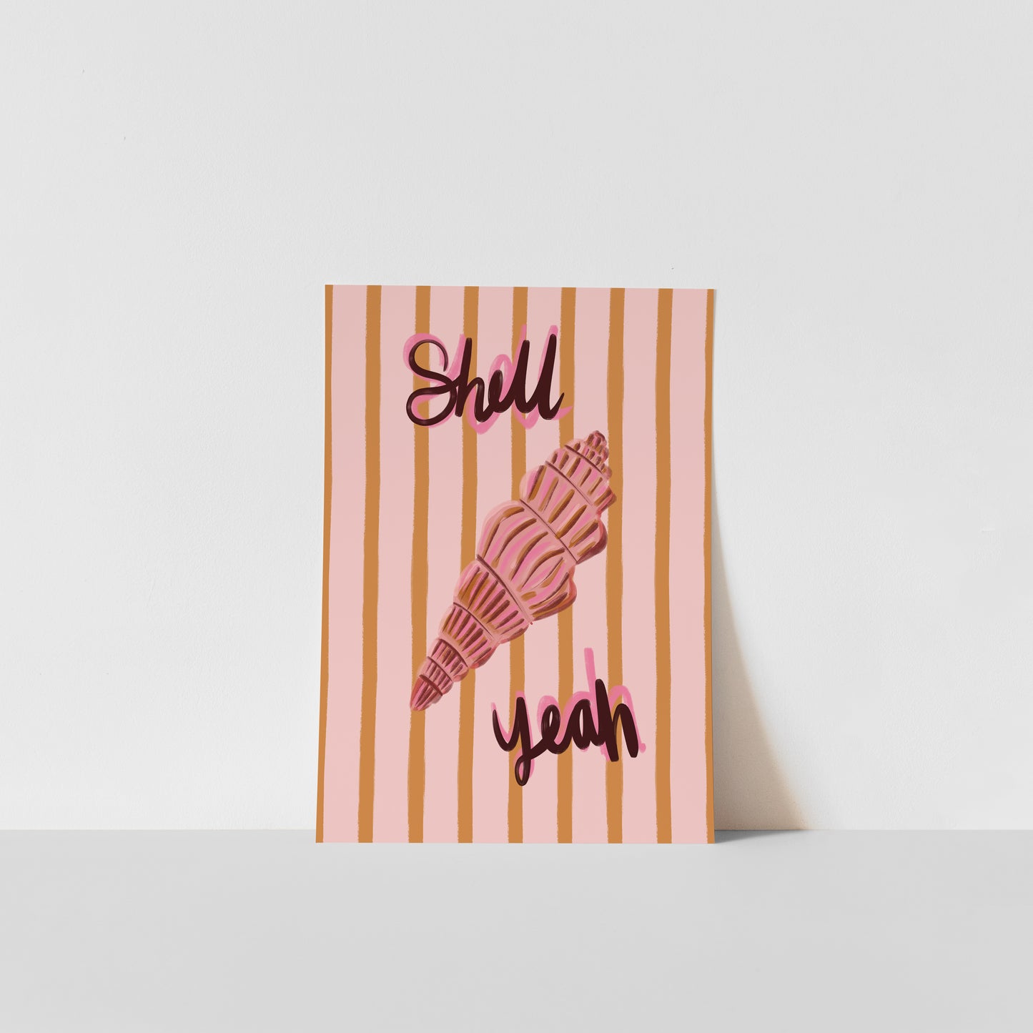 Art print with a shell illustration and text on a striped background