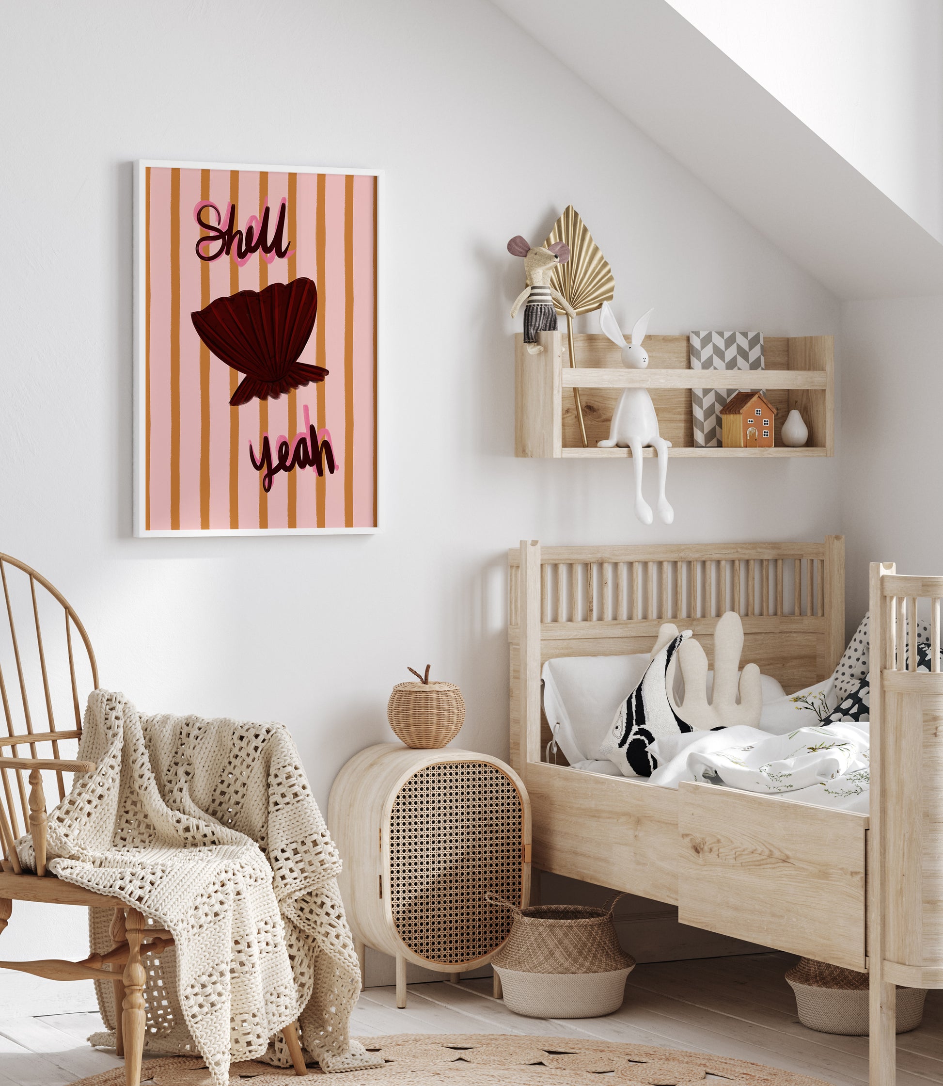 Children's bedroom with wooden furniture, decorative items, and a colorful shell wall art piece.