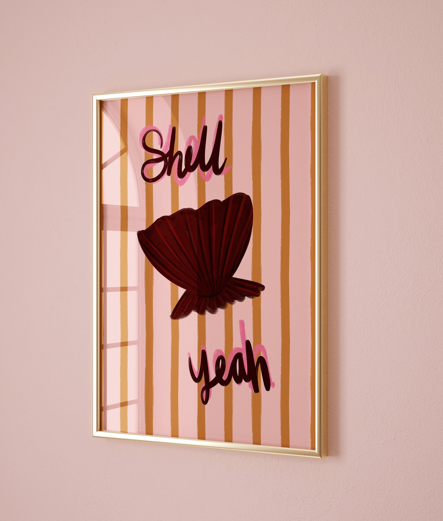 Framed artwork with a shell and 'Shell Yeah' text on a striped background