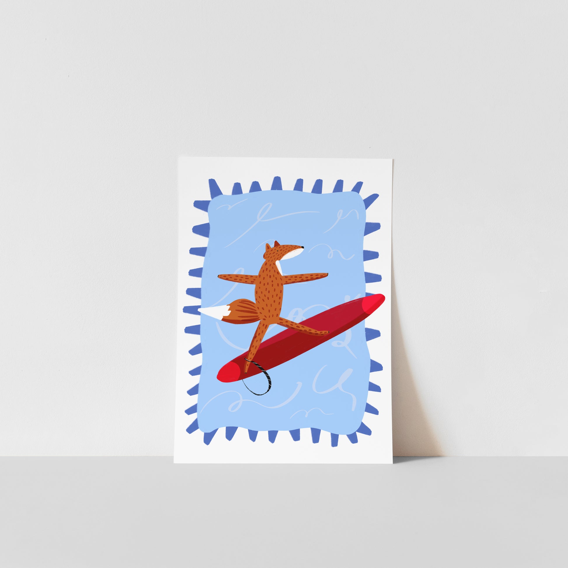 Kids Nursery print feauting a hand-drawn fox, surfing on a bright red surfboard in the sea.