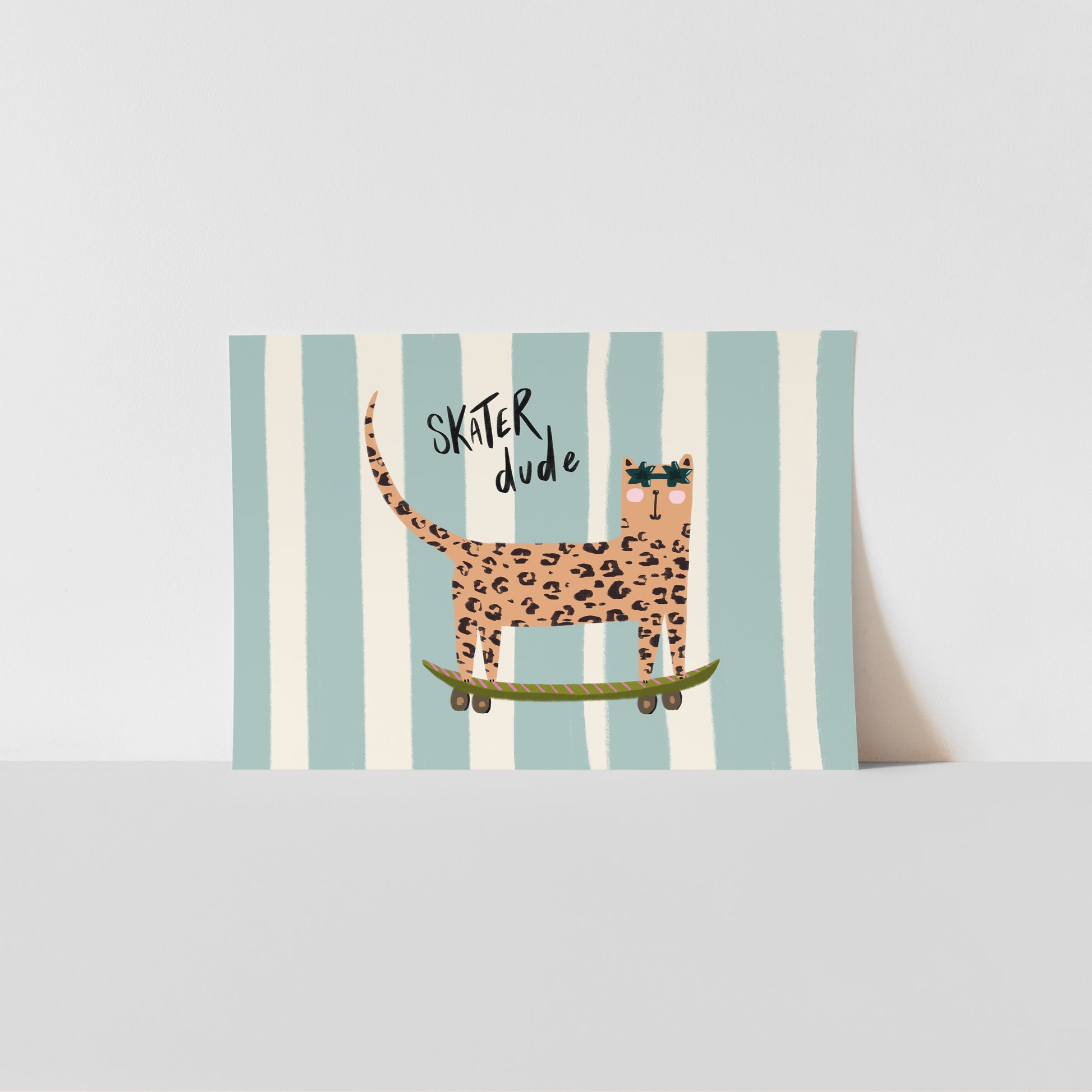Kids art print with a leopard design and 'Skater dude' text on a striped background
