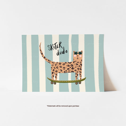 Blue striped kids’ art print with a sunglasses-wearing leopard on a green skateboard and Skater Dude lettering

