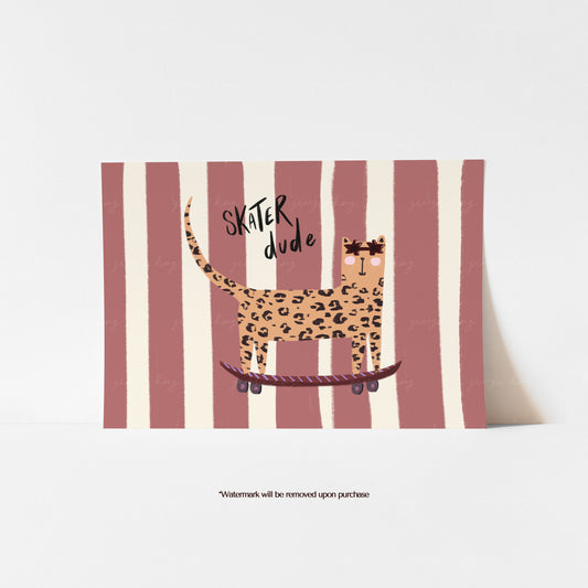 Red striped kids’ art print with a sunglasses-wearing leopard on a skateboard and Skater Dude lettering
