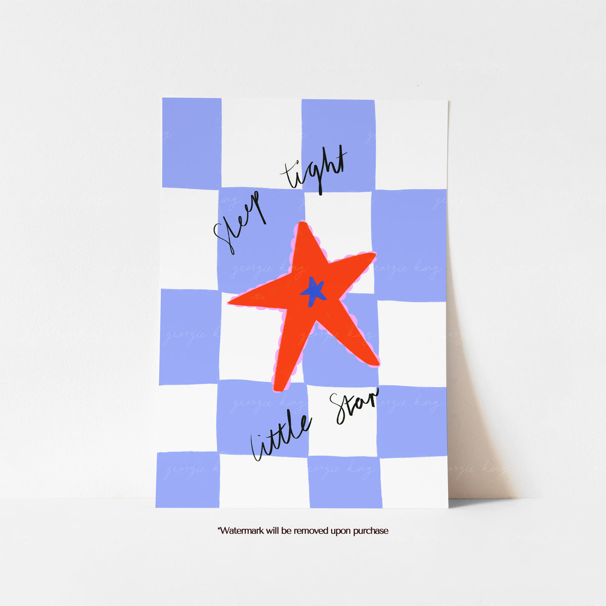 Lilac Sleep Tight Little Star nursery print featuring a bright orange star, handwritten lettering and a blue checked background
