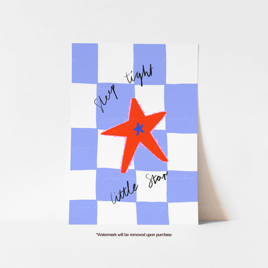Lilac Sleep Tight Little Star nursery print featuring a bright orange star, handwritten lettering and a blue checked background
