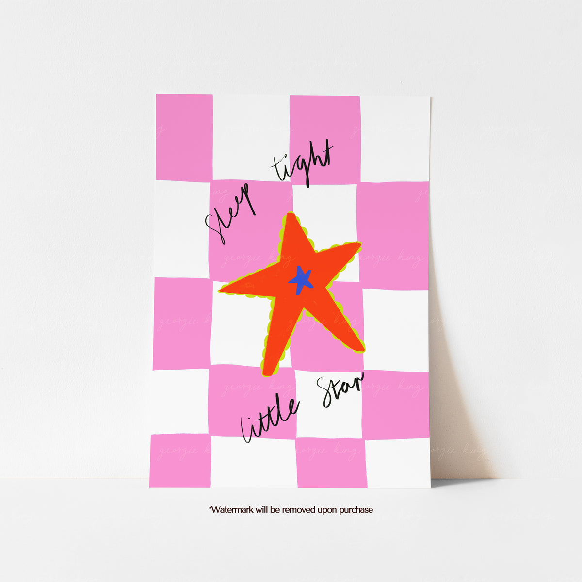 Pink Sleep Tight Little Star nursery print featuring a bright orange star, handwritten lettering and a pink checked background