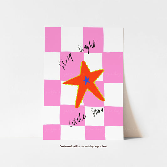 Pink Sleep Tight Little Star nursery print featuring a bright orange star, handwritten lettering and a pink checked background