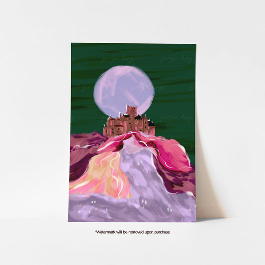 St Michael’s Mount Cornwall print with a pink castle, colourful landscape, large lilac moon and dark green sky
