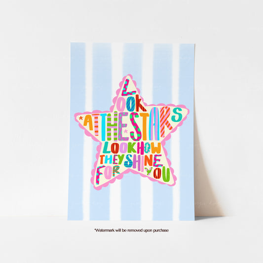 Colourful Look at the Stars kids’ art print with patterned lettering inside a cream star on blue and white stripes
