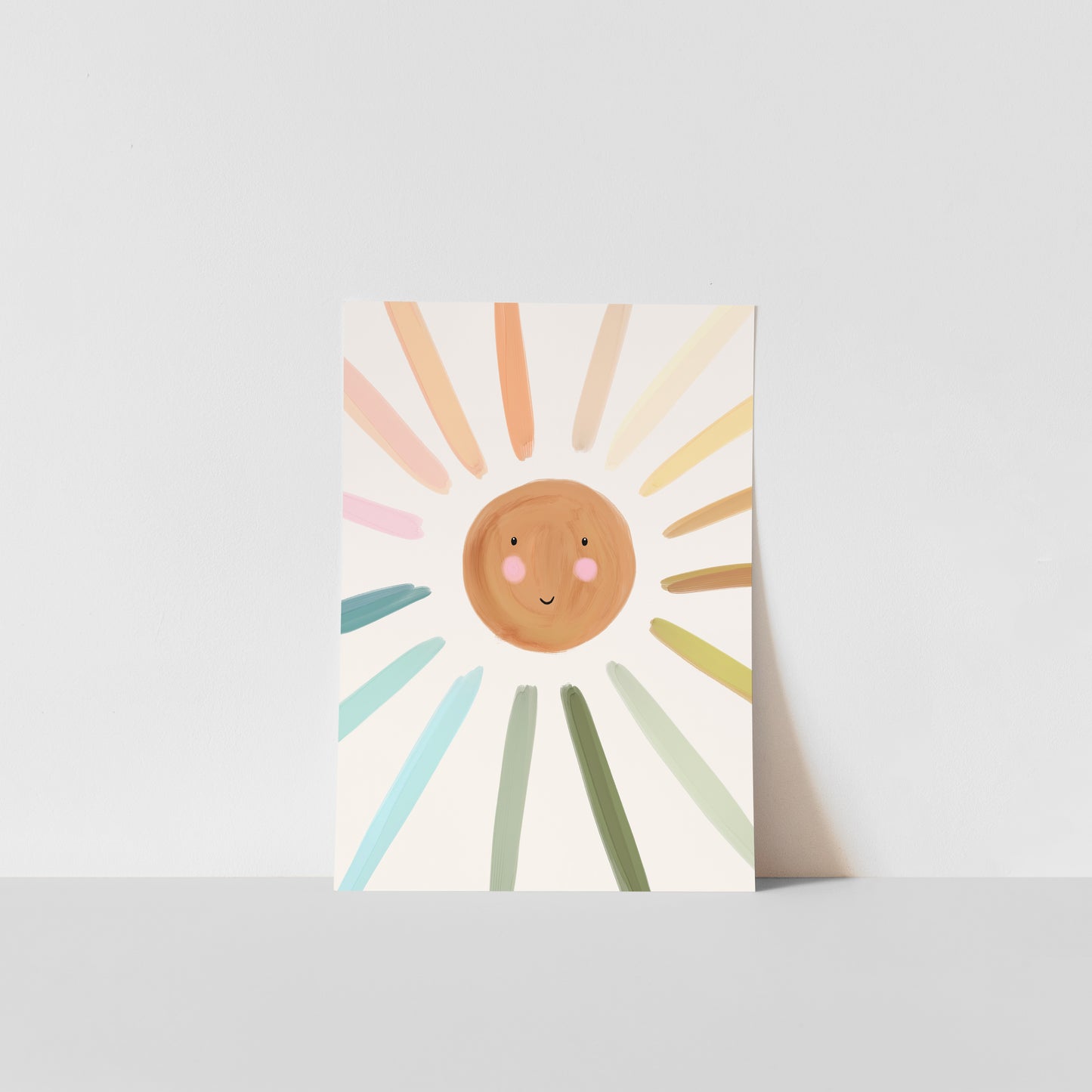 Art print with a sun design featuring colourful rays on a white background